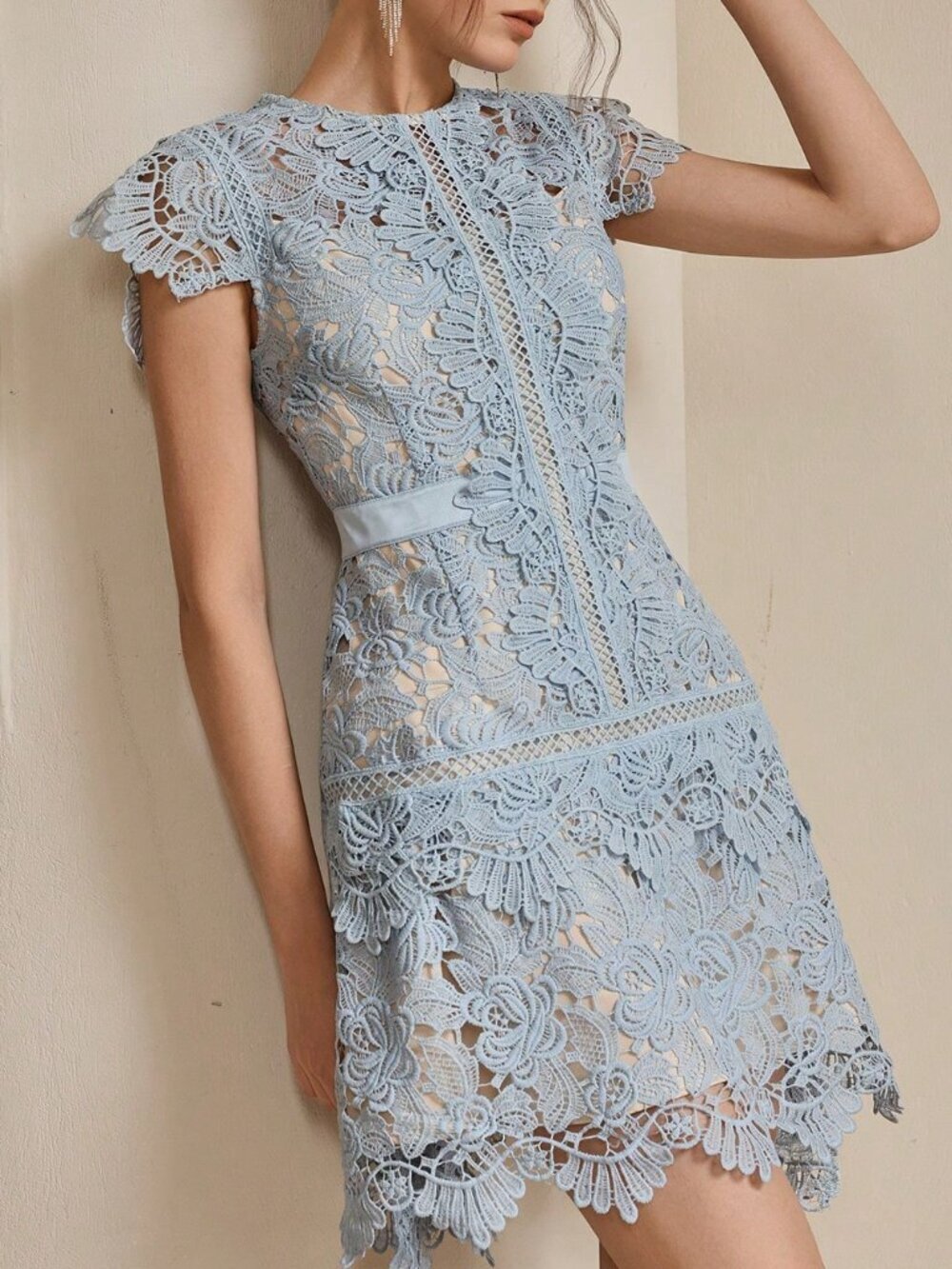 Baby Blue Elegant Women's Festival Lace Embroidery Round Neck Short Sleeve Dress - Picture 4 of 5